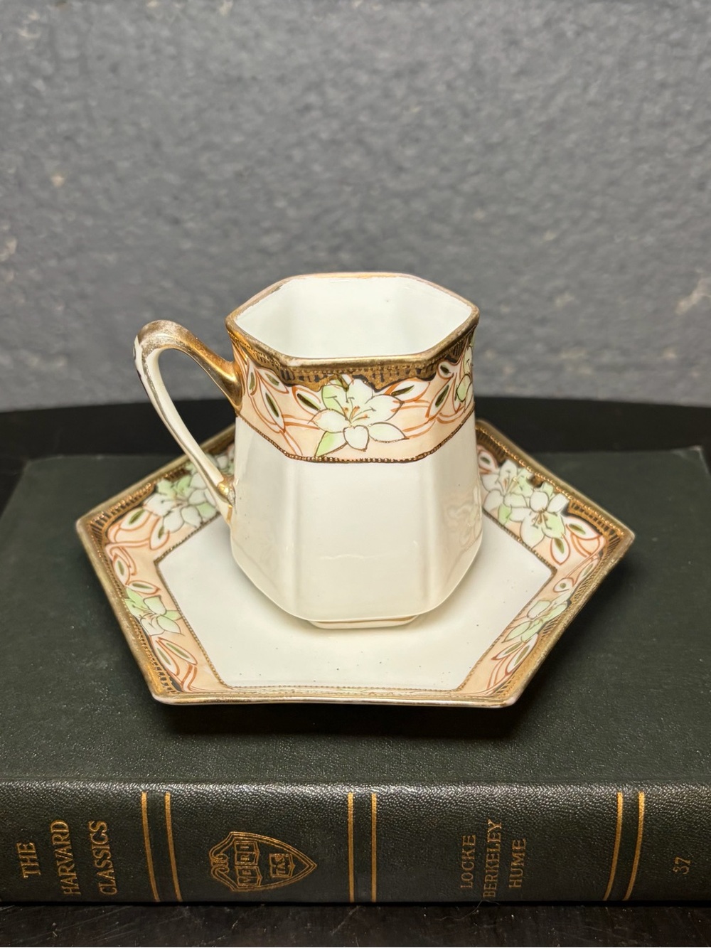 Nippon Demitasse Cup & Saucer - White with Peach, Mint, and Gold